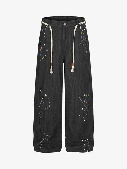 Stylish Wide-Leg Trousers with Artistic Embroidery and Adjustable Drawstrings 
