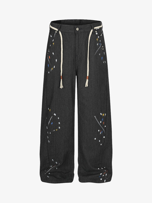 Stylish Wide-Leg Trousers with Artistic Embroidery and Adjustable Drawstrings 