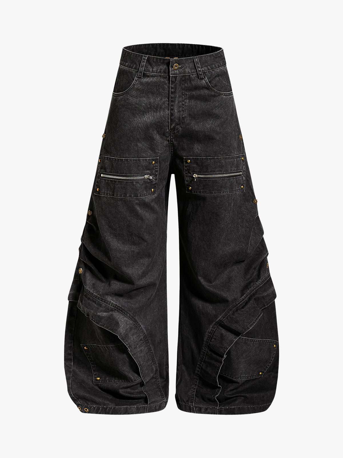 Black Denim Cargo Pants with Zippered Pockets Wide Leg High Waist Jeans?