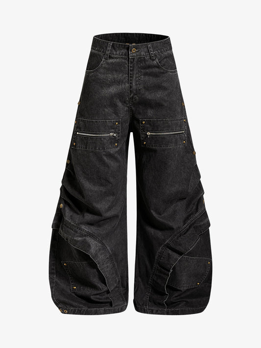 Black Denim Cargo Pants with Zippered Pockets Wide Leg High Waist Jeans?
