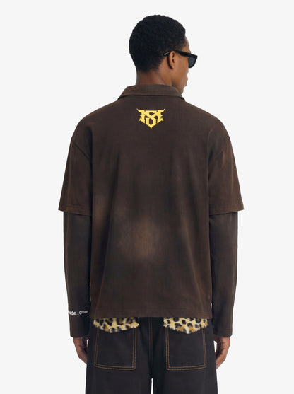 Distressed spray washed cotton fake two-piece loose long-sleeved T-shirt with embroidered badge logo and offset print design?