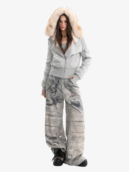 Retro Faux Fur Collar Fleece Zip Up Hoodie Jacket 