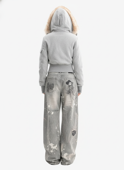 Retro Faux Fur Collar Fleece Zip Up Hoodie Jacket