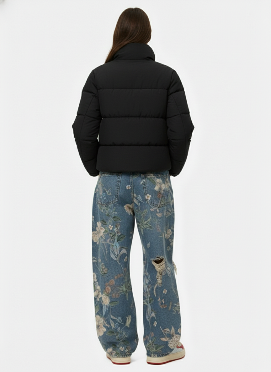 Vintage Asymmetric Zip High-Neck Puffer Jacket