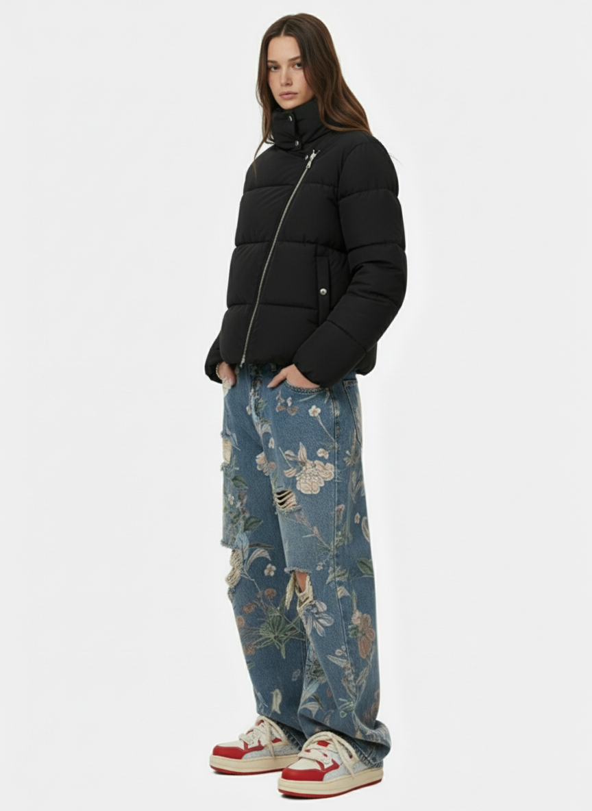 Vintage Asymmetric Zip High-Neck Puffer Jacket