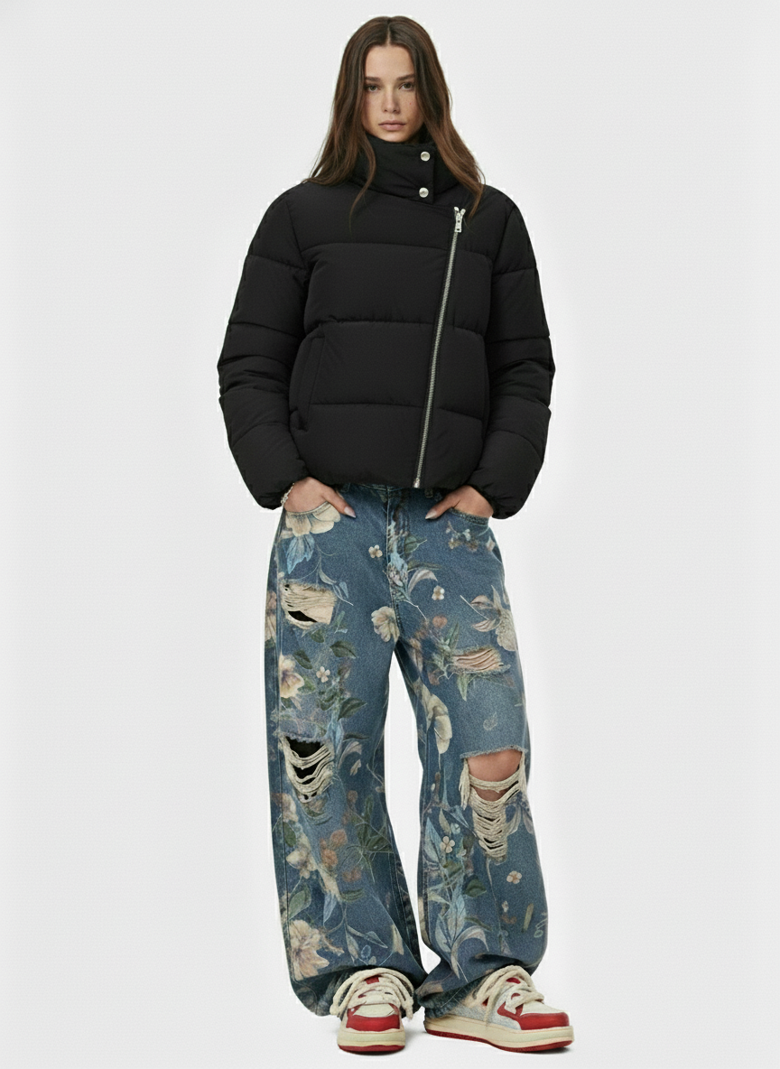 Vintage Asymmetric Zip High-Neck Puffer Jacket