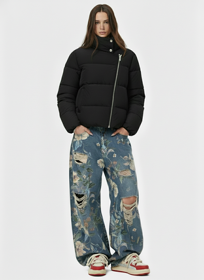 Vintage Asymmetric Zip High-Neck Puffer Jacket