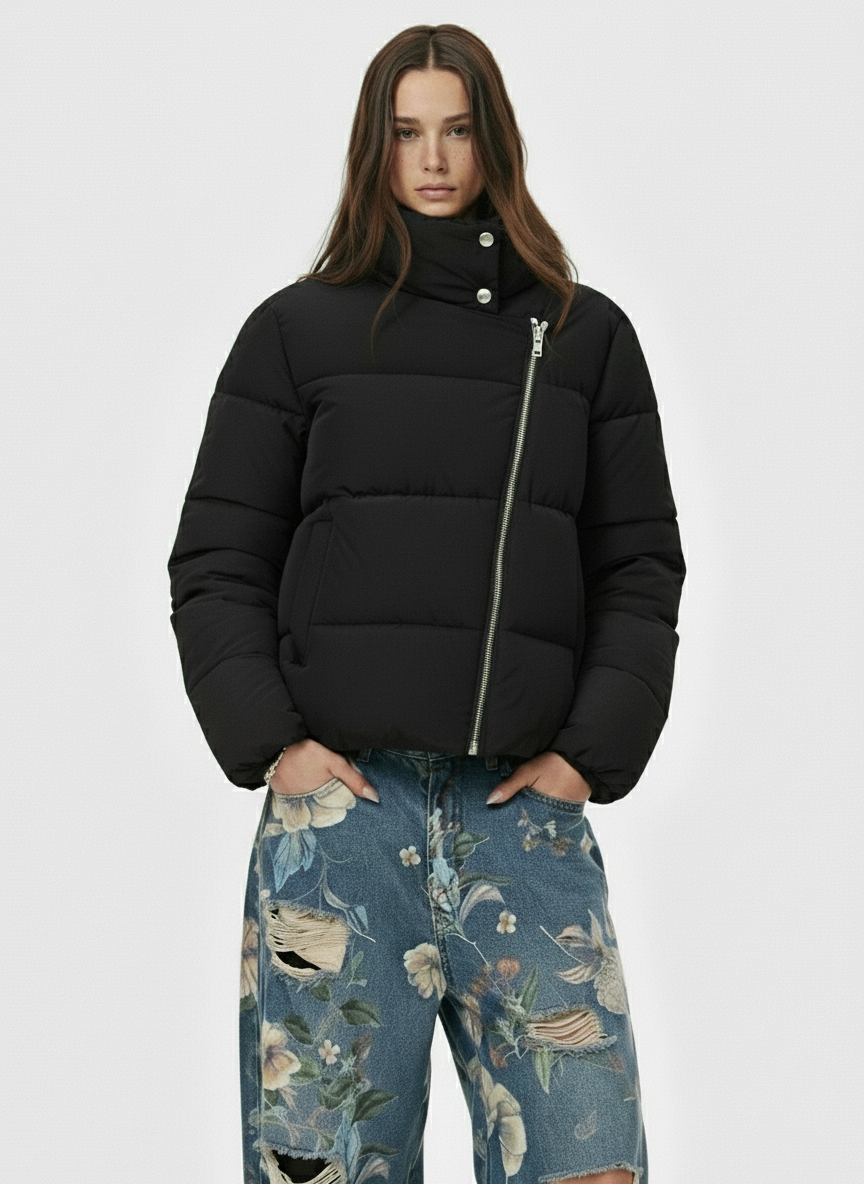 Vintage Asymmetric Zip High-Neck Puffer Jacket