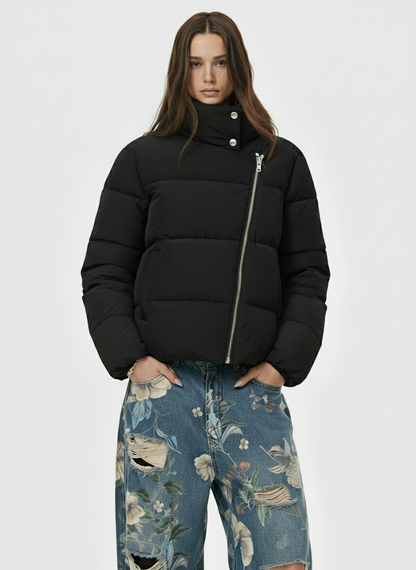 Vintage Asymmetric Zip High-Neck Puffer Jacket
