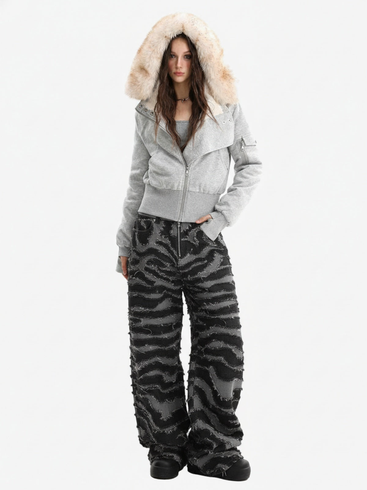 Frayed Zebra Striped Patchwork Wide Leg Jeans