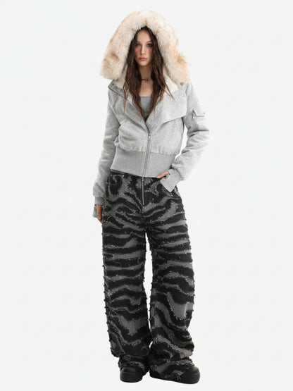 Frayed Zebra Striped Patchwork Wide Leg Jeans