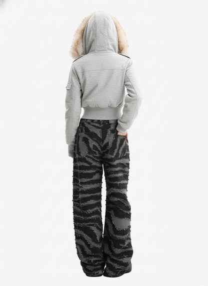 Frayed Zebra Striped Patchwork Wide Leg Jeans