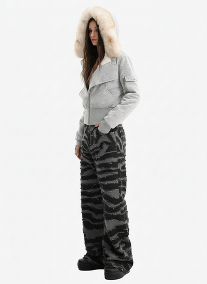 Frayed Zebra Striped Patchwork Wide Leg Jeans