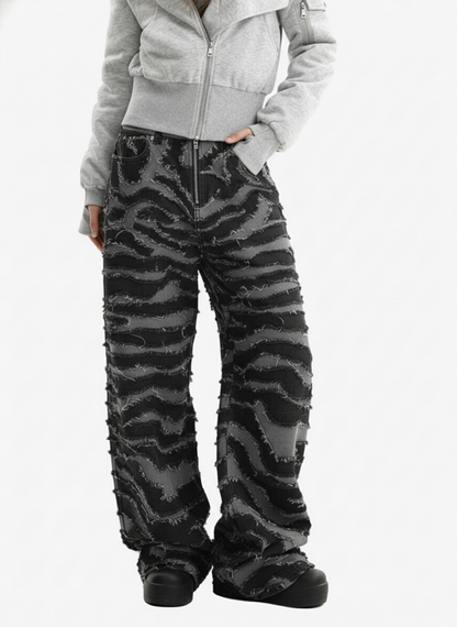 Frayed Zebra Striped Patchwork Wide Leg Jeans
