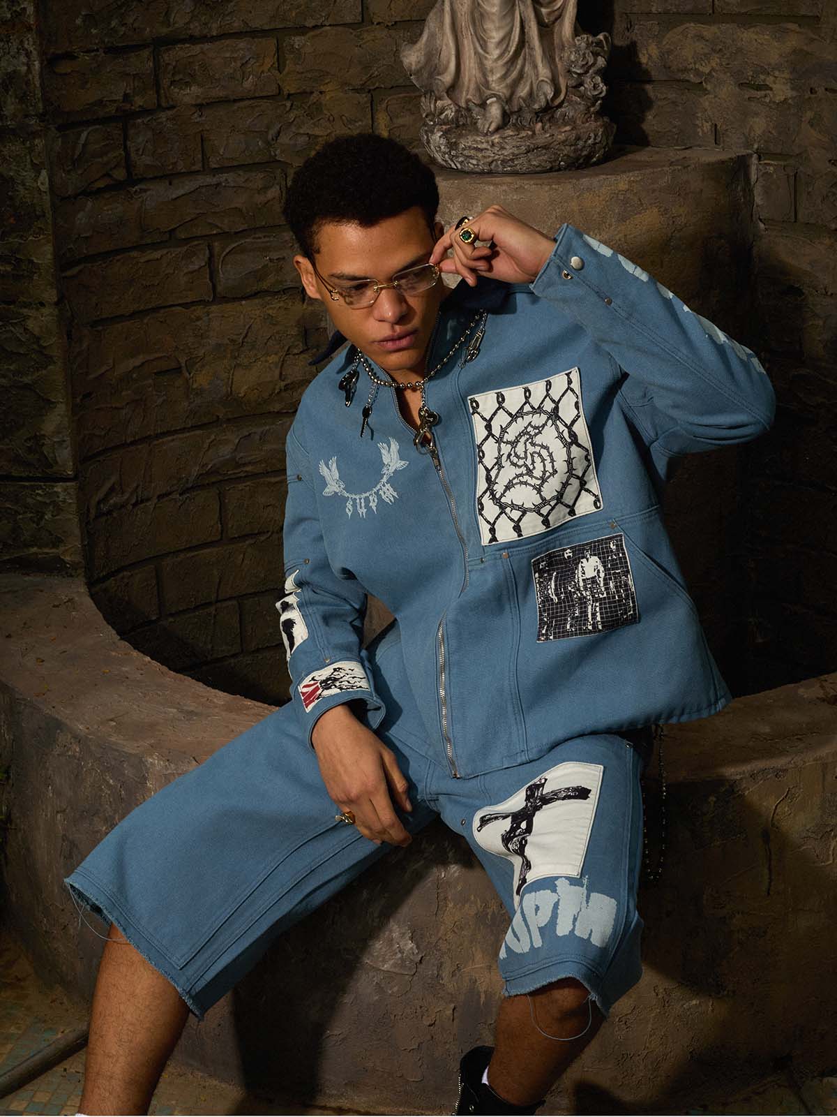 Supermade Multi-Element Appliqu¨¦ Patchwork Denim Suit?