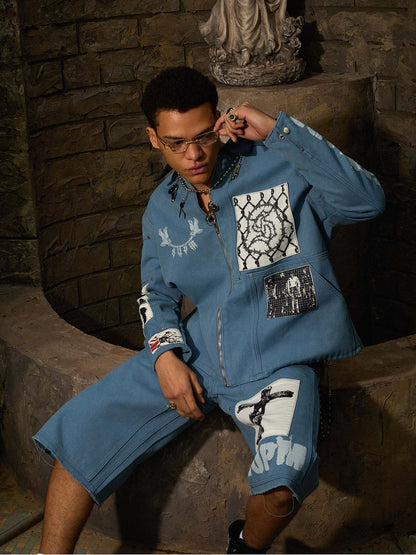 Supermade Multi-Element Appliqu¨¦ Patchwork Denim Suit?