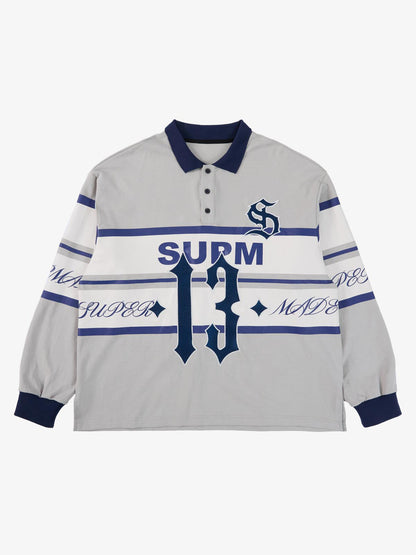 Supermade Color-Blocked Polo Collar Embroidered Print Long-Sleeved Jersey?
