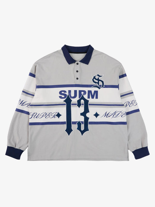 Supermade Color-Blocked Polo Collar Embroidered Print Long-Sleeved Jersey?