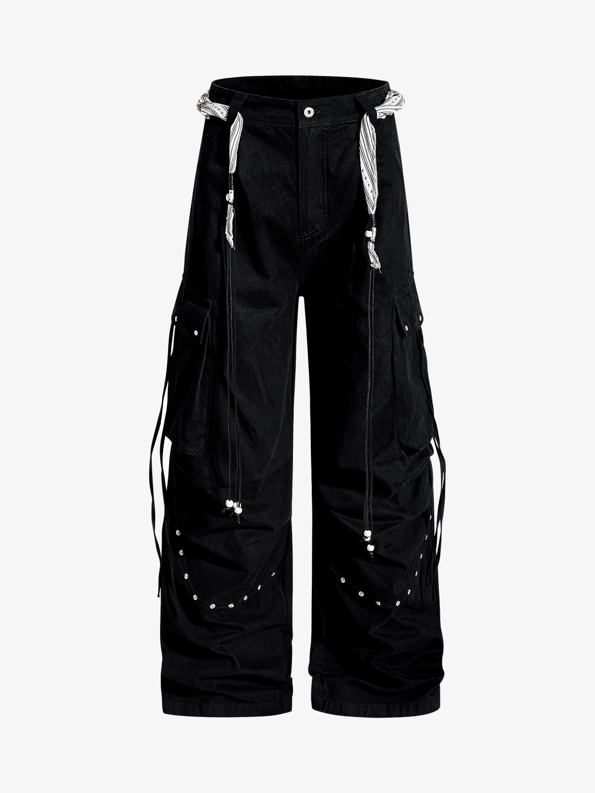 Cotton Blend Wide Leg Cargo Pants with Adjustable Drawstring and Decorative Tassels?