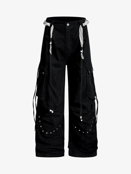 Cotton Blend Wide Leg Cargo Pants with Adjustable Drawstring and Decorative Tassels?