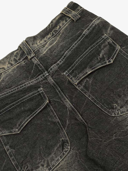 Washed Black Denim Wide Leg Jeans with Distressed Texture for Men 