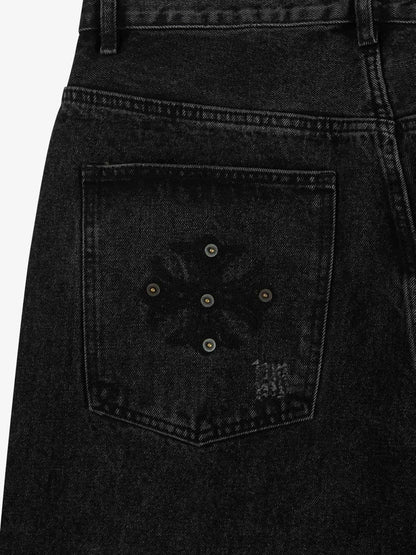 Vintage Washed Distressed Metal Ring Baggy Jeans 