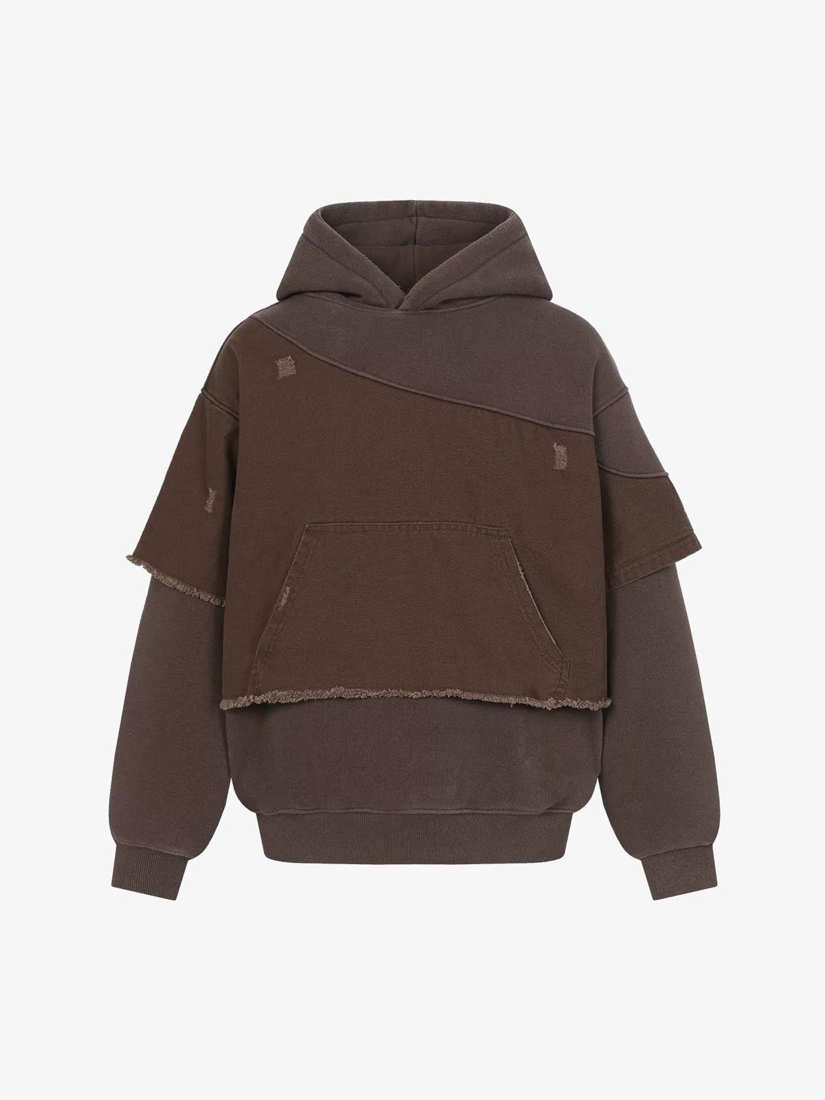 Distressed Patchwork Raw-Edge Layered-Hem Fleece Hoodie 