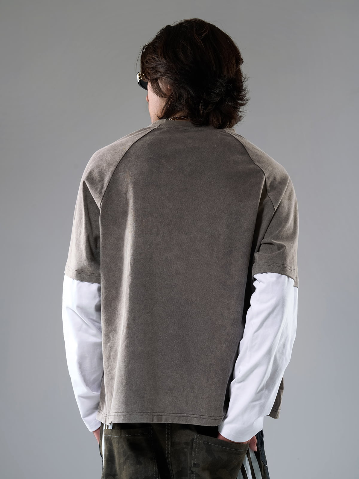 复古撞色拼接洗水做旧印花T恤 