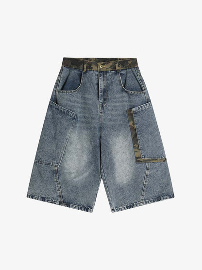 Denim Cargo Shorts with Camouflage Patch Details for Men 