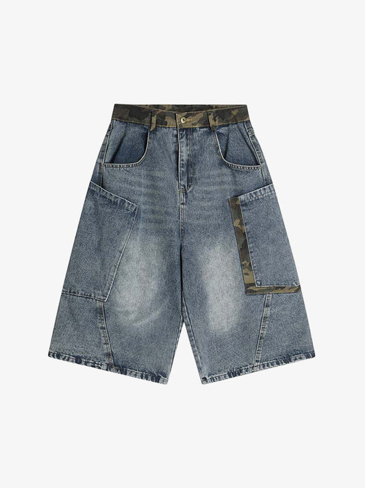 Denim Cargo Shorts with Camouflage Patch Details for Men 