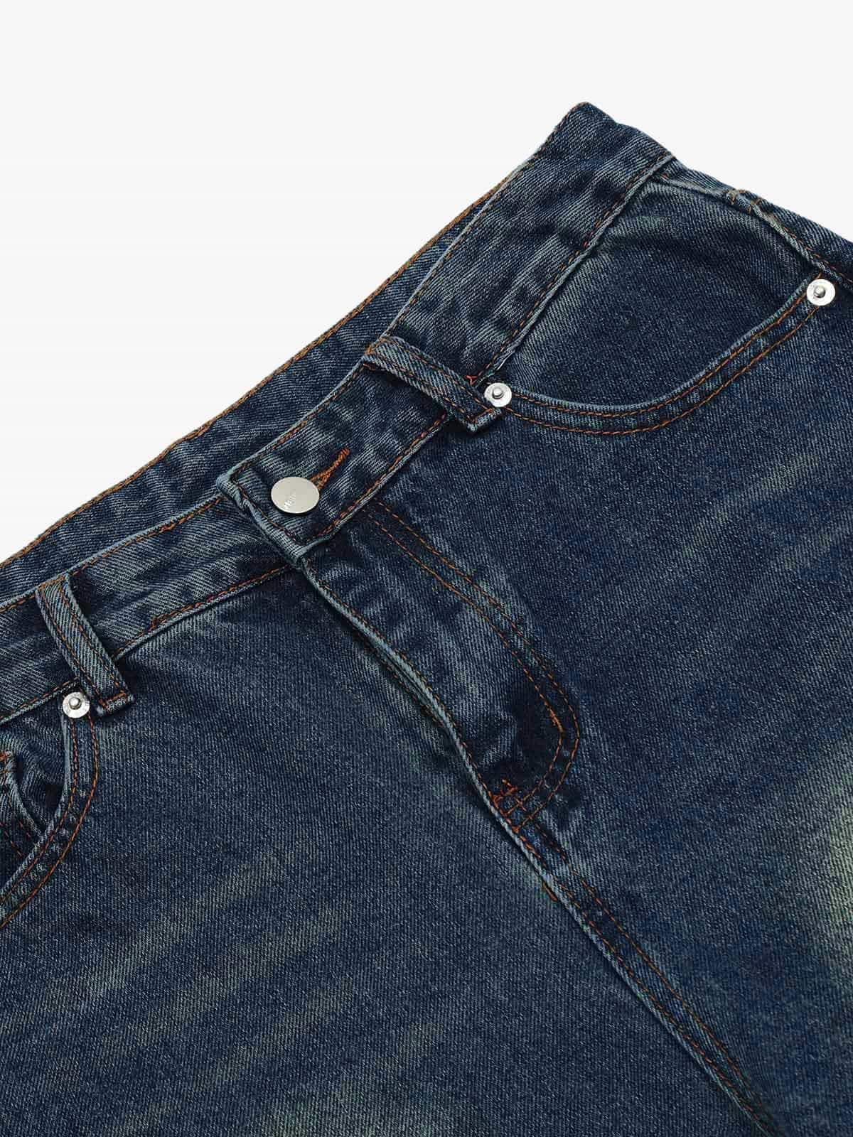 Washed Distressed Deconstructed Split Work Jeans 