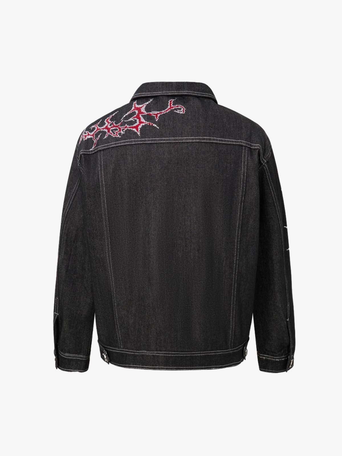 Black Denim Jacket with Red Embroidered Design for Men 