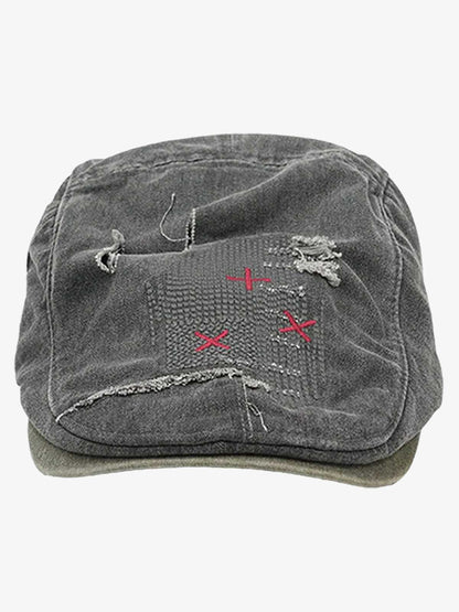 Cotton Denim Patchwork Flat Cap with Embroidered Red Panel and Distressed Details?