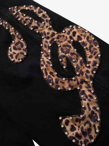 Retro Rhinestone Leopard Patch Music Note Straight Jeans 