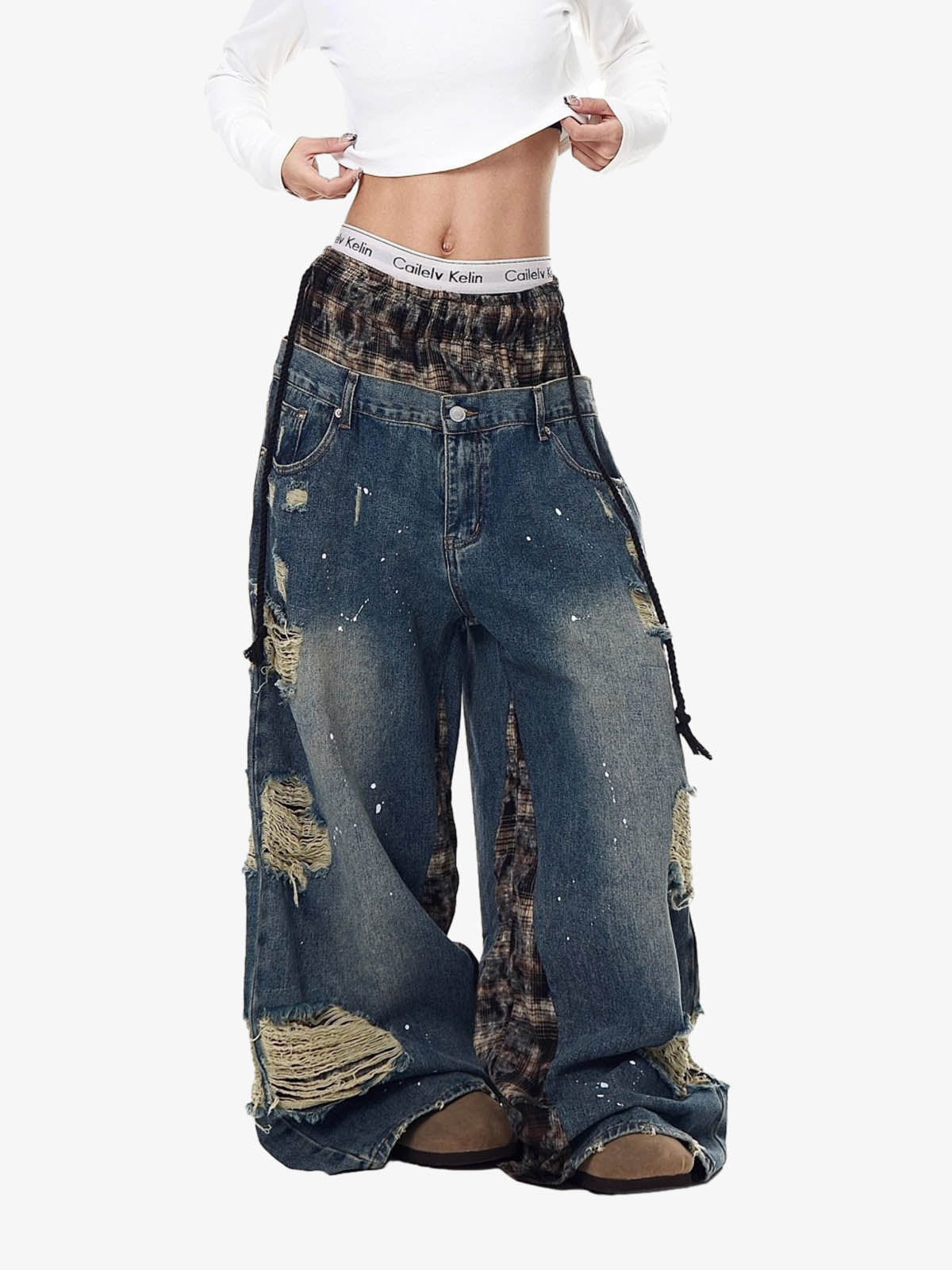 Denim Patchwork Wide Leg Pants with Drawstring Waist and Distressed Details 