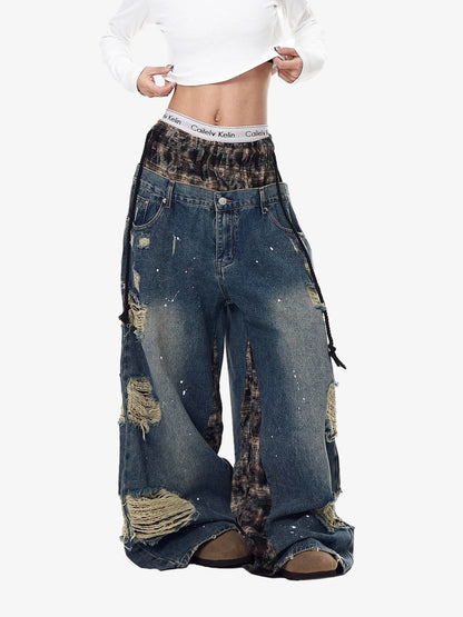 Denim Patchwork Wide Leg Pants with Drawstring Waist and Distressed Details 