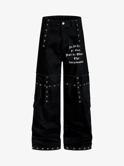 Cotton Blend Black Wide Leg Cargo Pants with Gothic Print and Metal Eyelets for Streetwear Fashion?