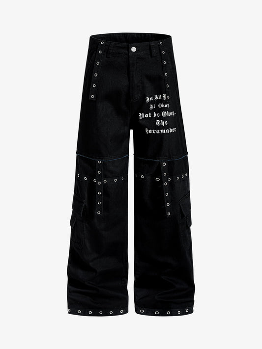 Cotton Blend Black Wide Leg Cargo Pants with Gothic Print and Metal Eyelets for Streetwear Fashion?