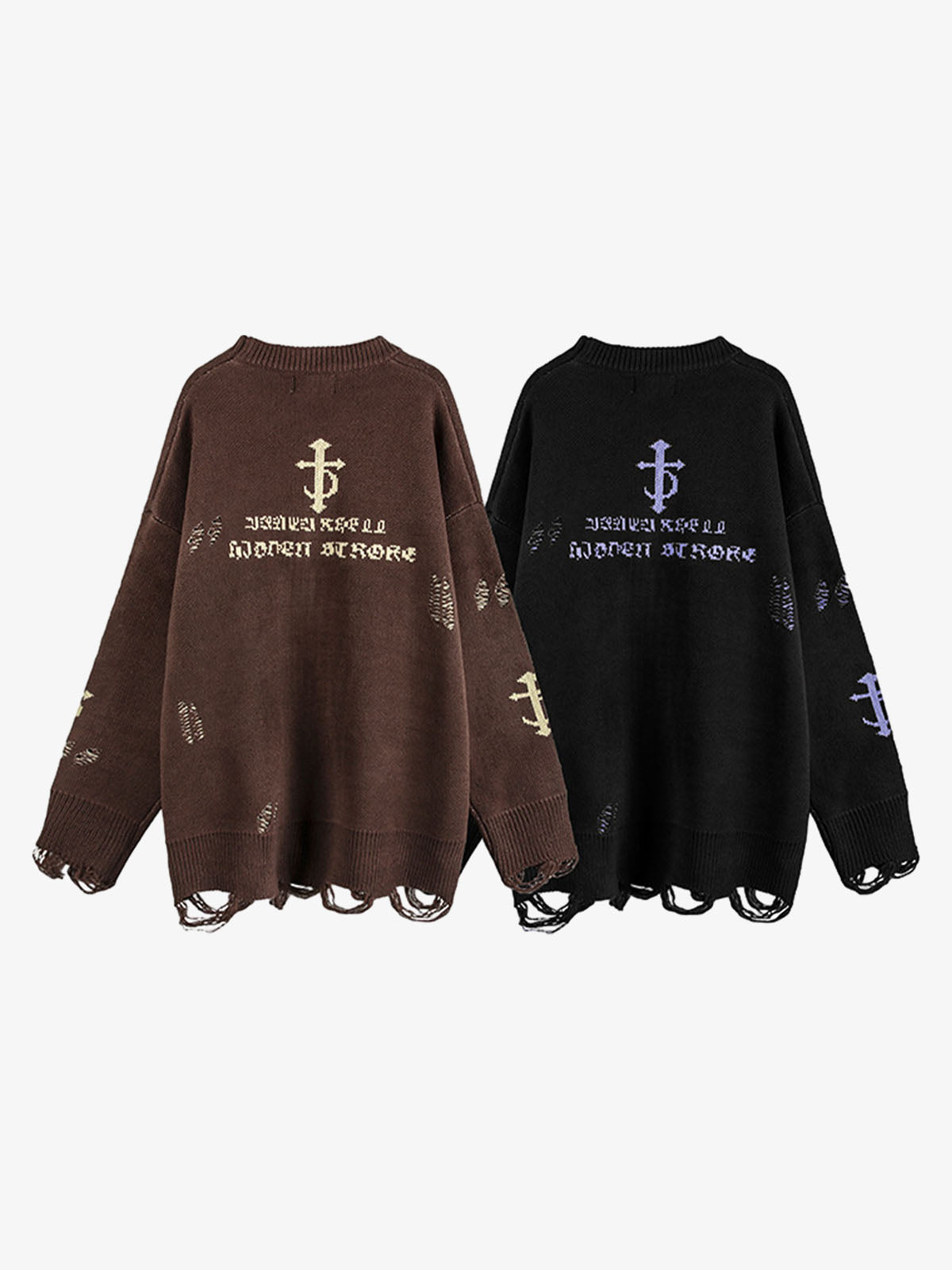 High Street Letter Jacquard Ripped Tassel Sweater 