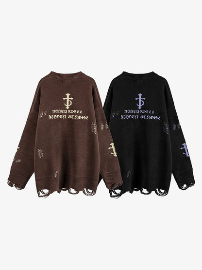 High Street Letter Jacquard Ripped Tassel Sweater 