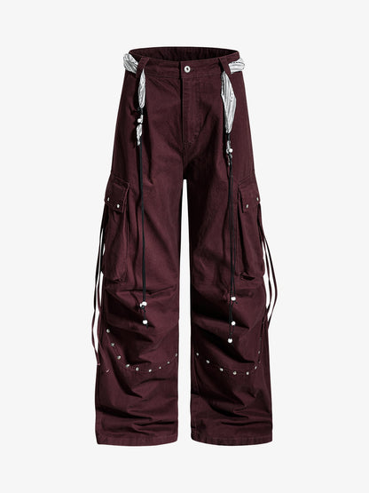 Cotton Blend Wide Leg Cargo Pants with Adjustable Drawstring and Decorative Tassels?