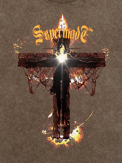 THE SUPERMADE Gothic Flame Cross Graphic T-Shirt for Bold Statement Wear 