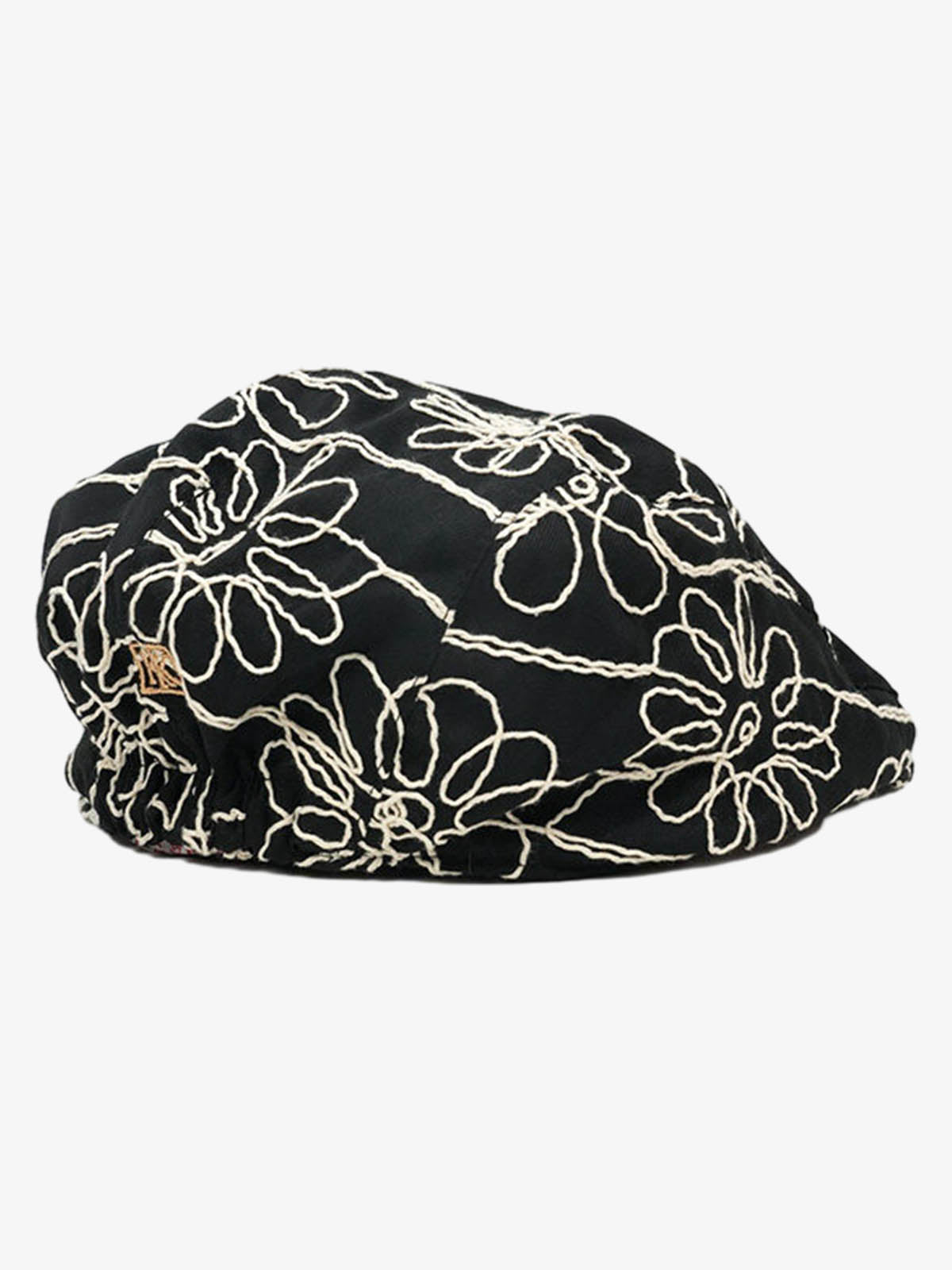 Cotton Embroidered Floral Flat Cap for Women - Black with Cream Stitching?