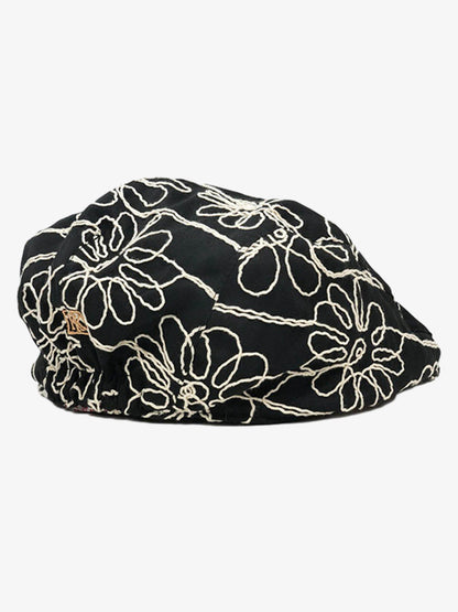 Cotton Embroidered Floral Flat Cap for Women - Black with Cream Stitching?