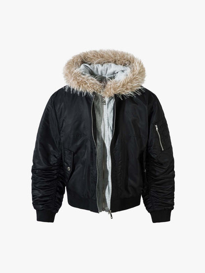 Vintage Fur Hood Padded Zip Up Bomber Jacket