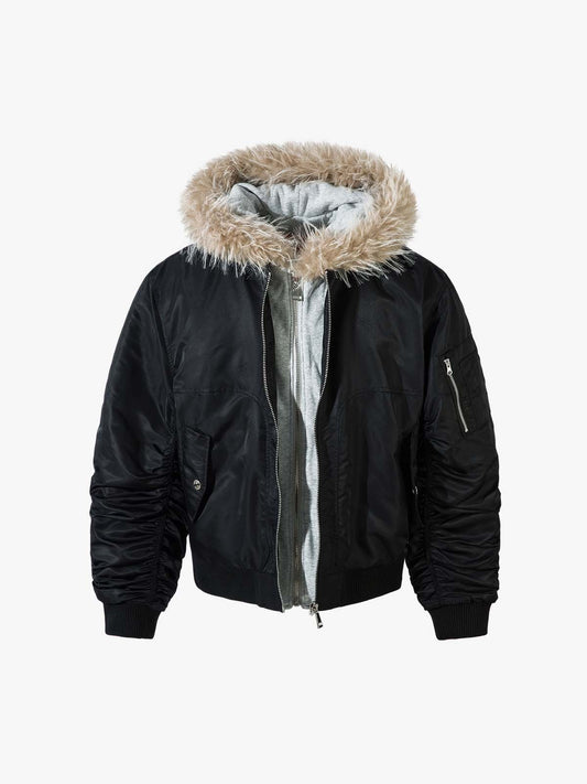 Vintage Fur Hood Padded Zip Up Bomber Jacket
