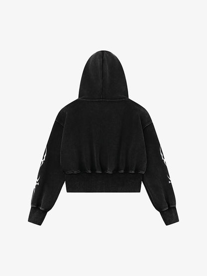 Dark Print Cardigan Cropped Hoodie