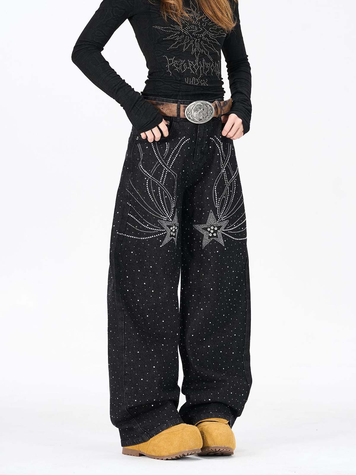 Star Rhinestone Embellished Baggy Jeans 
