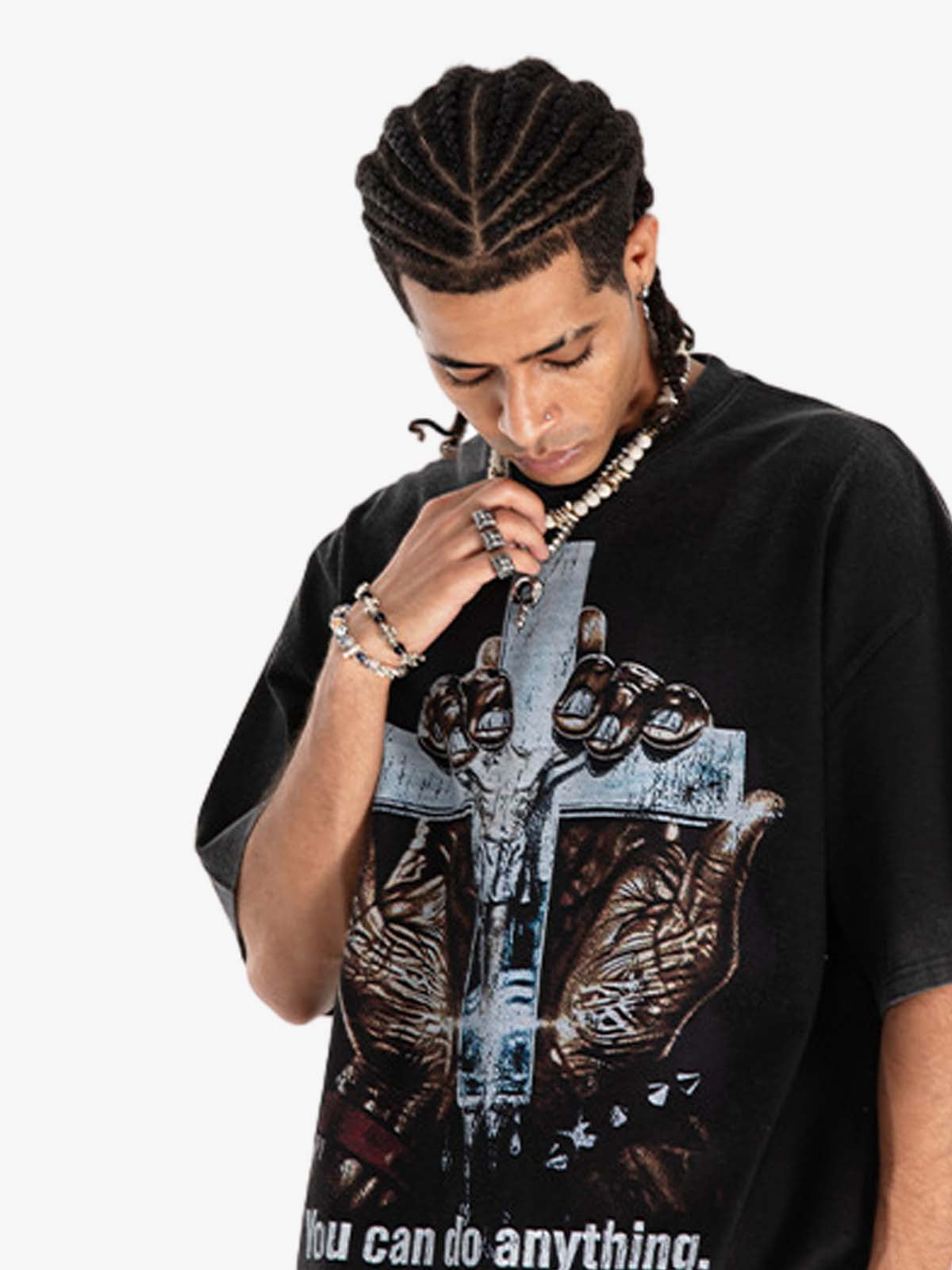 300G Jade Pattern Dyeing Cotton Oversized T-Shirt with Cross Hand Graphic Print?