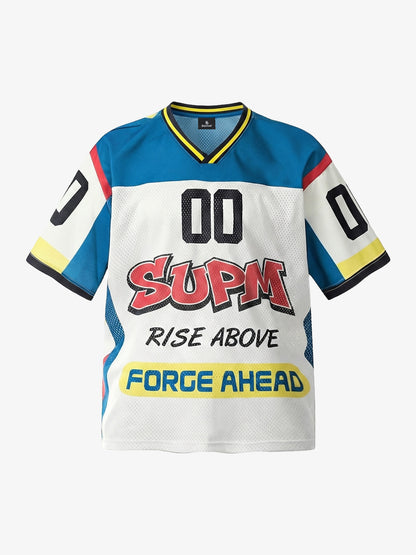 Polyester Mesh Sports Jersey with Bold Graphic Print and V-Neck Design 